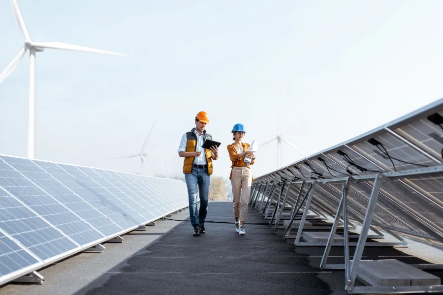 Técnicos revisando instalación solar en planta de energías renovables